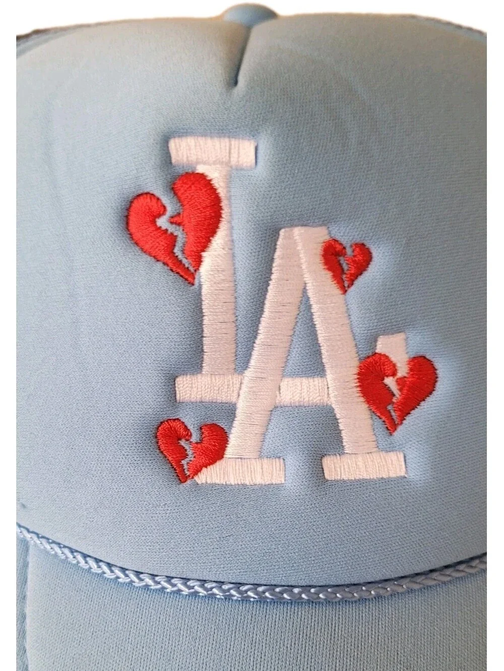 LA Dodgers Light-Blue Trucker Hat with Heart Embroidery Y2K – Sun Cap Snapback